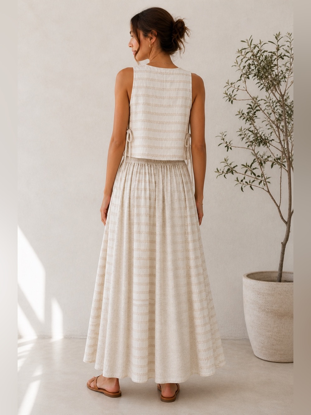 Linen Blend Matching Set Vest/Maxi Skirt Made in USA-Boho-Neutral-Striped Medium - Picture 3 of 11